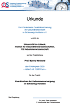 1. Preis an „Physician Assistant meets Allgemeinmedizin“, Institut für Allgemeinmedizin der Universitätsmedzin Essen, Dr. Alessia Dehnen; Partner des Projekts in Schleswig-Holstein ist das Institut für ärztliche Qualität in Schleswig-Holstein gGmbH (2.500,00 €)